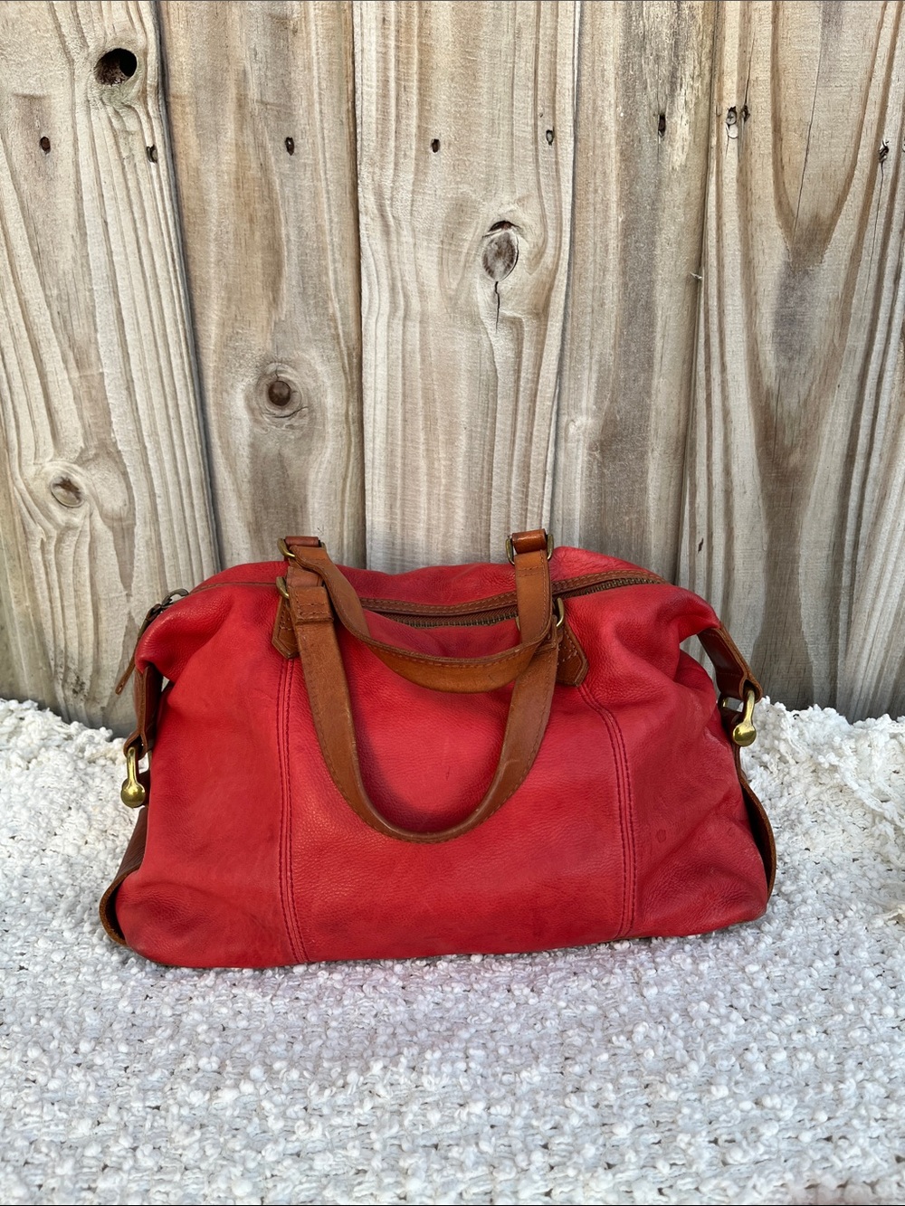 Red Leather Satchel Bag with Brown Handles